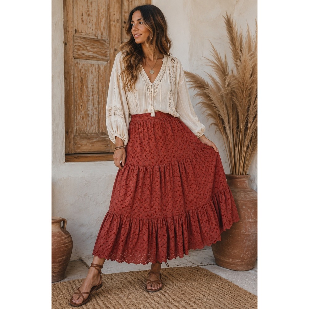 Ulla Johnson Skirt Womens 6 Rust Cotton Eyelet Tiered Midi Scalloped Hem
